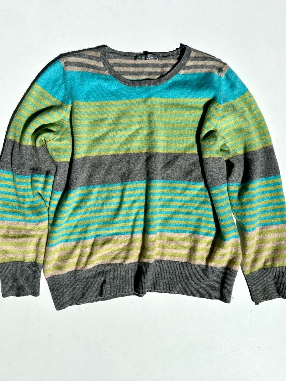 Marks & Spenser 100% Cashmere Striped Crewneck Sweater Turquoise Gray & Lime, L